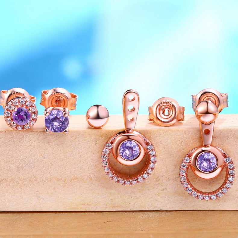 Diamond And Amethyst Stud Earrings Female Jewelry