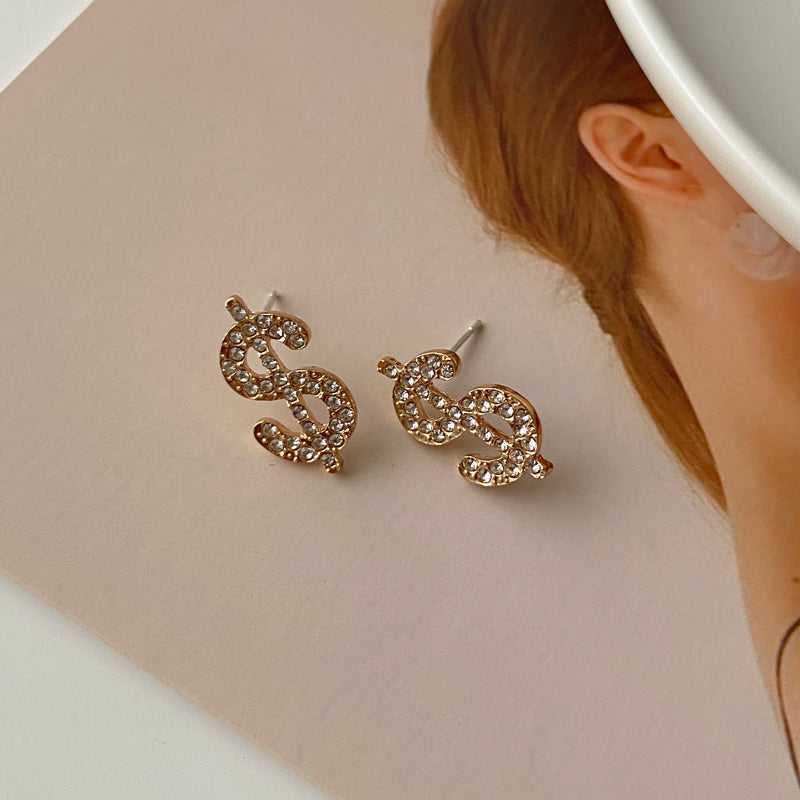 Creative Alloy Dollar Sign Design Stud Earrings for Women Girls Lady Party Gift Gold Rhinestone Jewelry