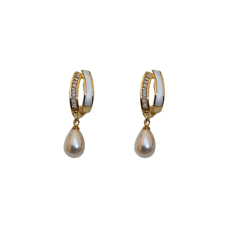 Silver Needle Pearl Pendant Earrings