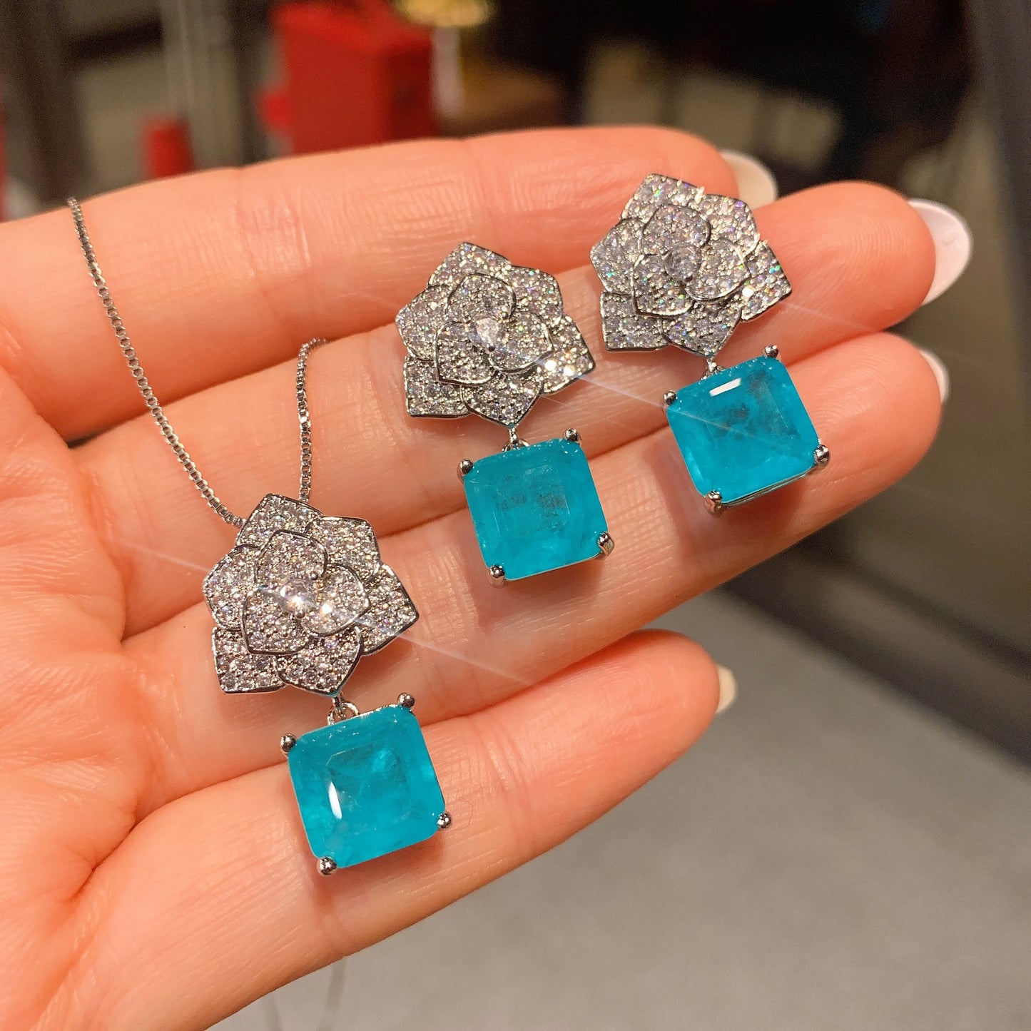 Paraiba Ring Necklace Stud Earrings Jewelry Set