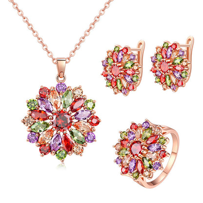 Trendy Rose Gold Zircon Jewelry Earrings Necklace Ring Three Piece Women's