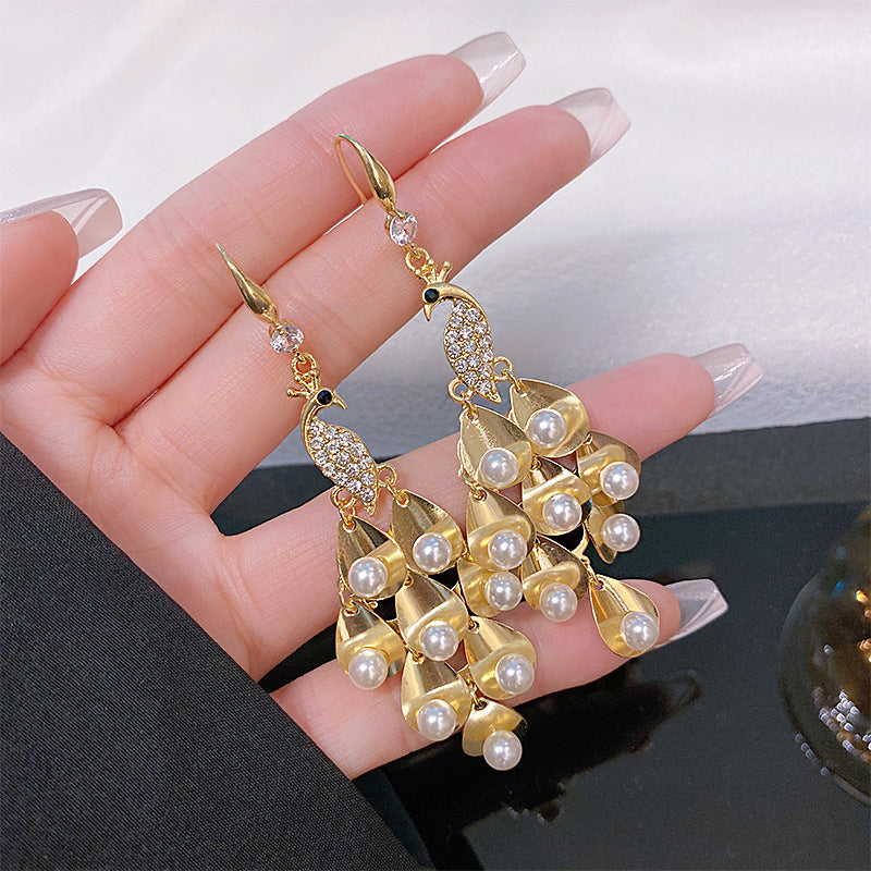 Exaggerated Peacock Pearl Earrings Exquisite Women Jewelry Party Accessory Pendant High Quality Vintage Trend Hanging Earrings